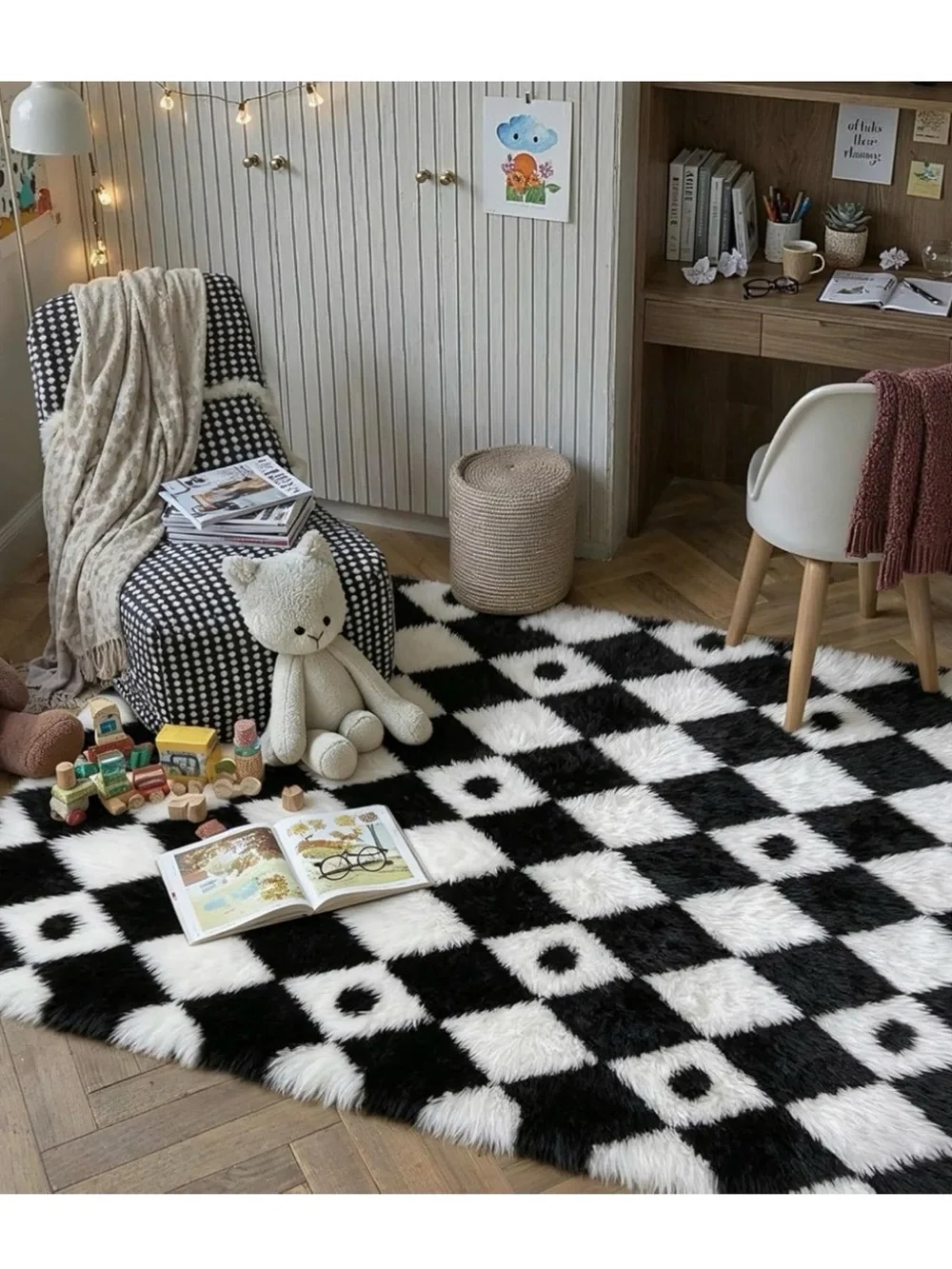 Plush Black and White Diamond Shag Area Rug - Home Accents